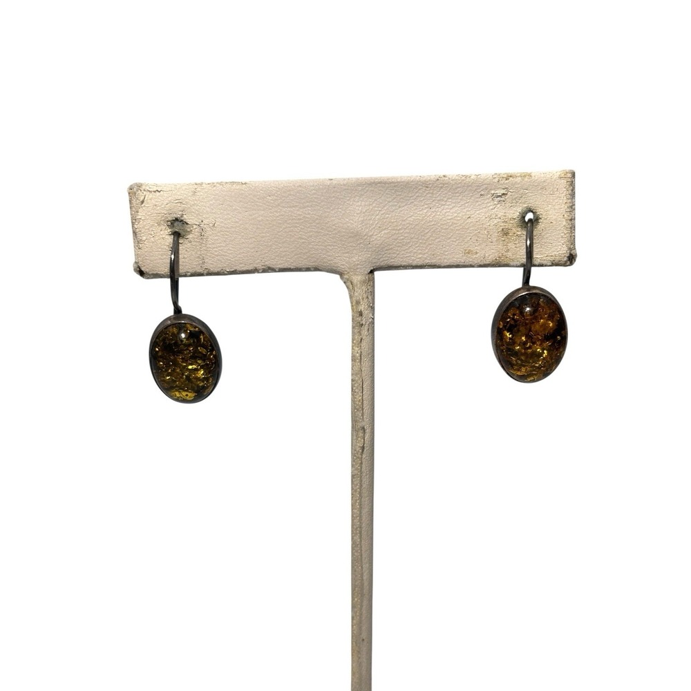 Vintage Sterling Silver 925 Sparkling Orange Amber Pierced Drop Earrings